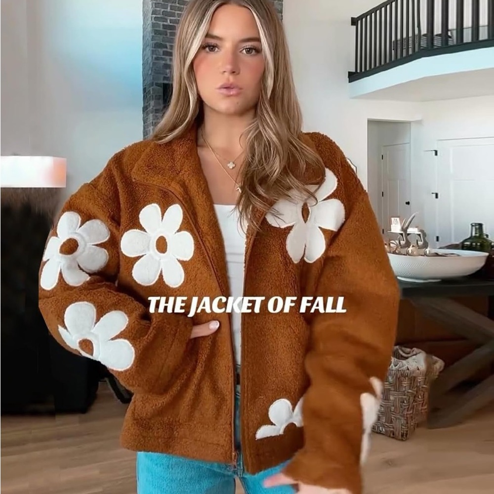 Brown Fleece Jacket with White Floral Design